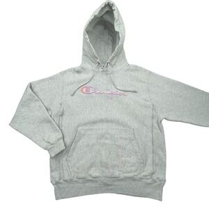 Champion Womens Reverse Weave Embroidered Spellout Gray Pink Pullover Hoodie M